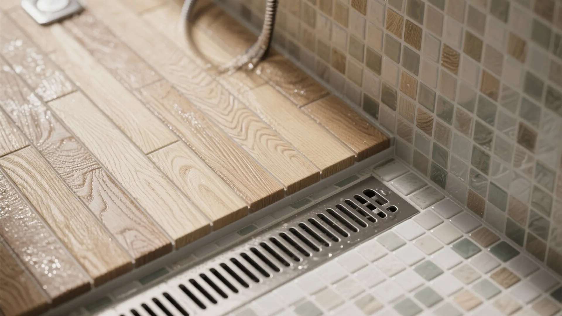 Macro of vertical wood-look tile meeting mosaic floor at a linear drain.