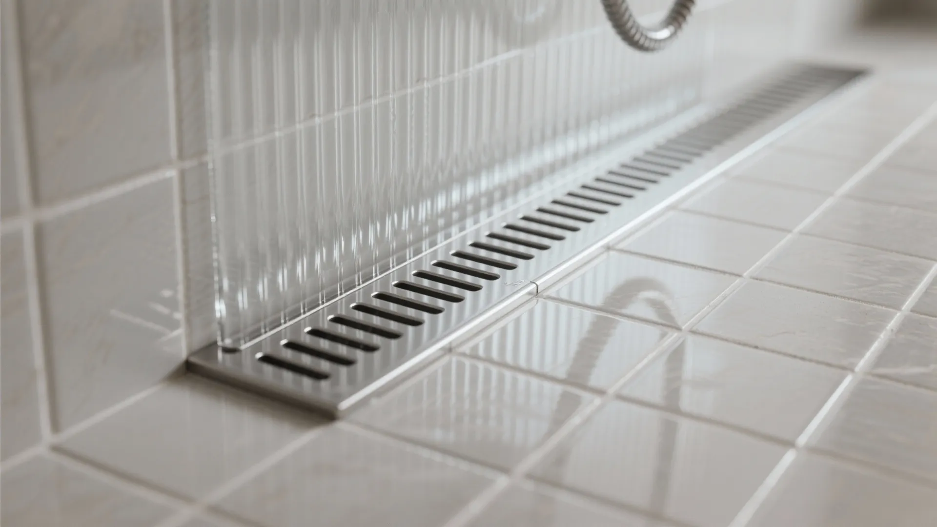 Close up of a silver metal floor drain on white square tiles in a modern bathroom