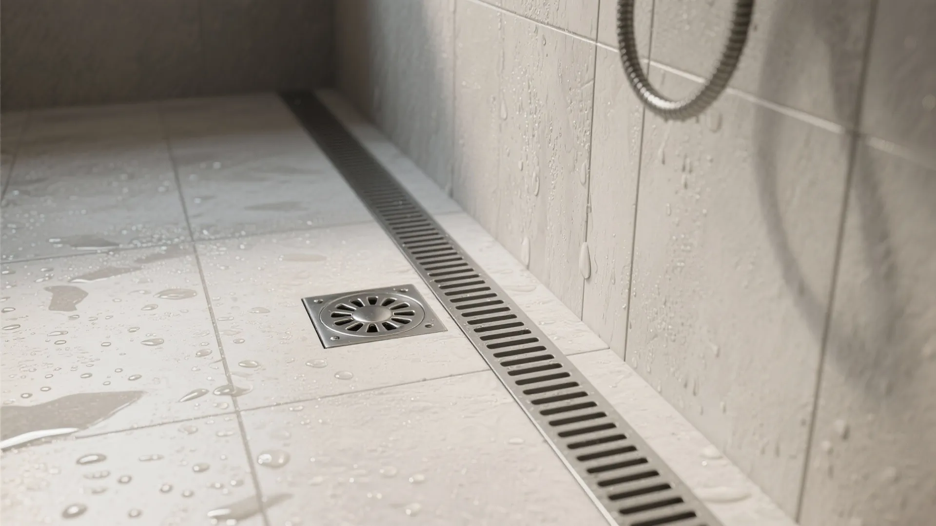 Macro of linear drain with textured floor tile and subtle slope in a wet room.