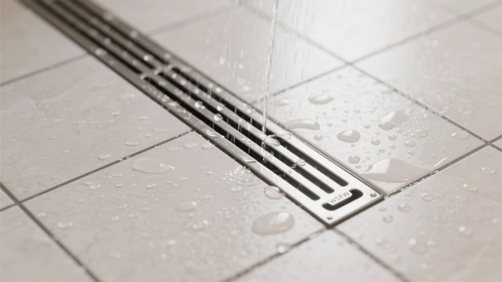 Macro detail of a linear shower drain in large-format tile with precise slope.