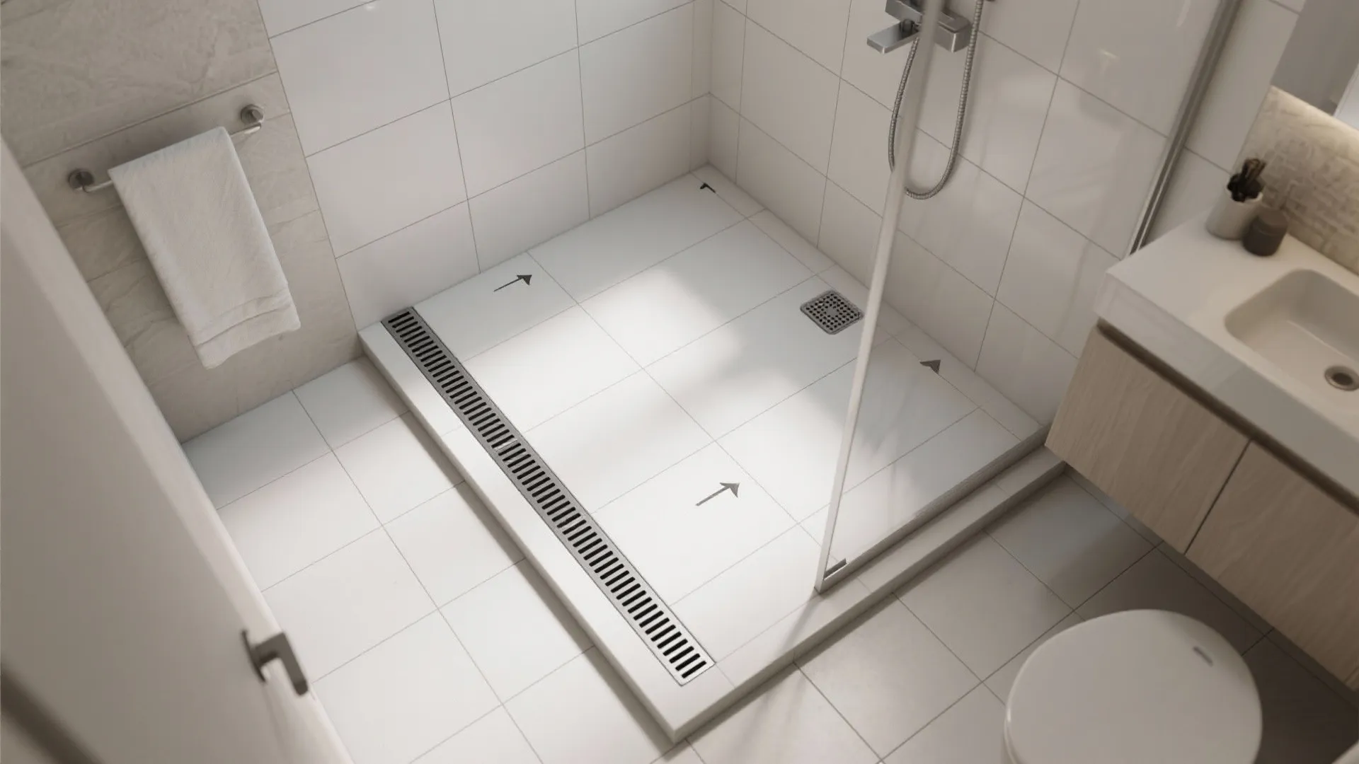 White bathroom shower area with floor tiles showing water flow arrows towards a metal drain