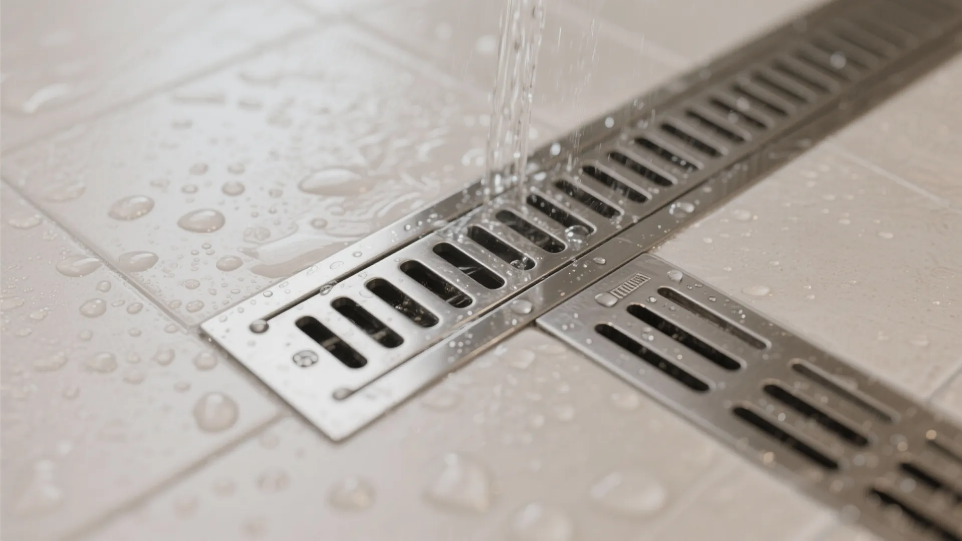 Close up view of water flowing into a long metal floor drain on bathroom tiles