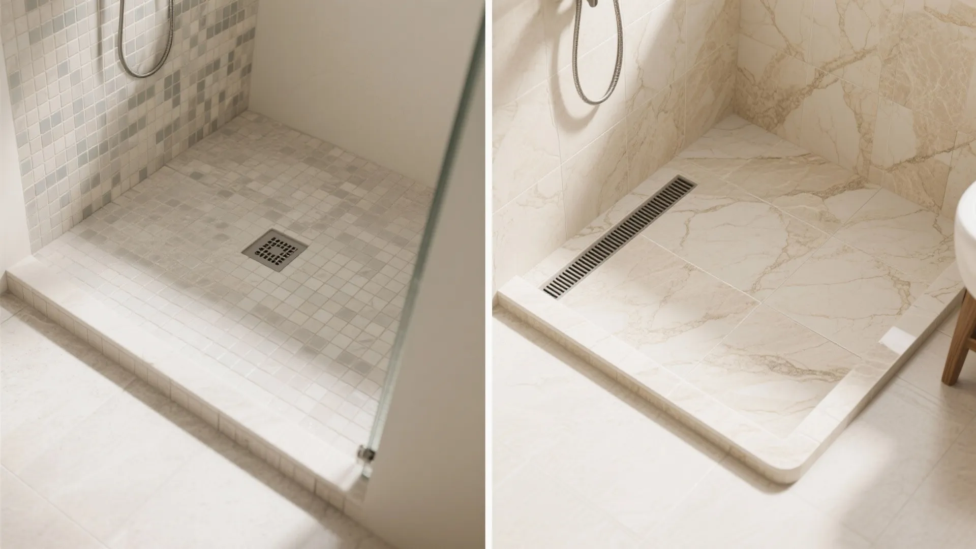 Stone-look porcelain with linear drain for a clean shower pan