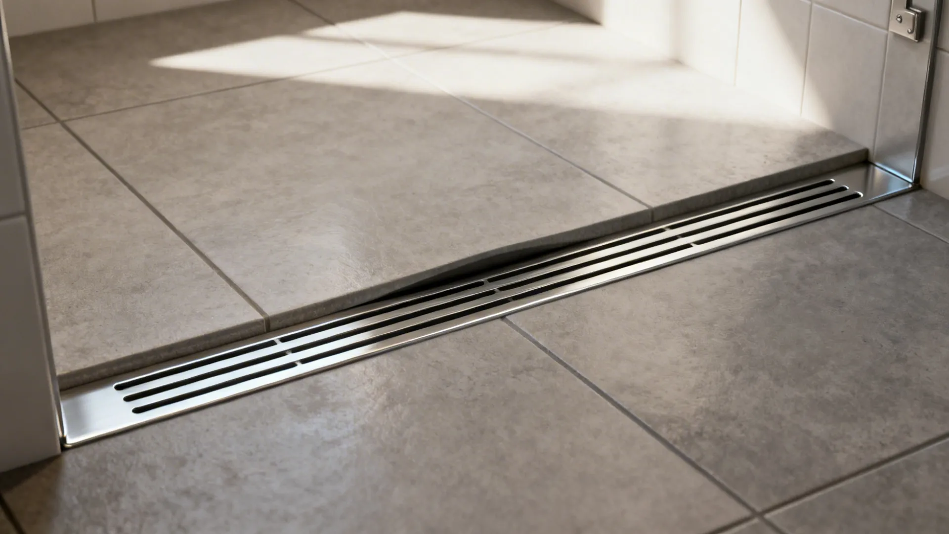 Linear stainless drain at the shower threshold with continuous large-format floor tile.