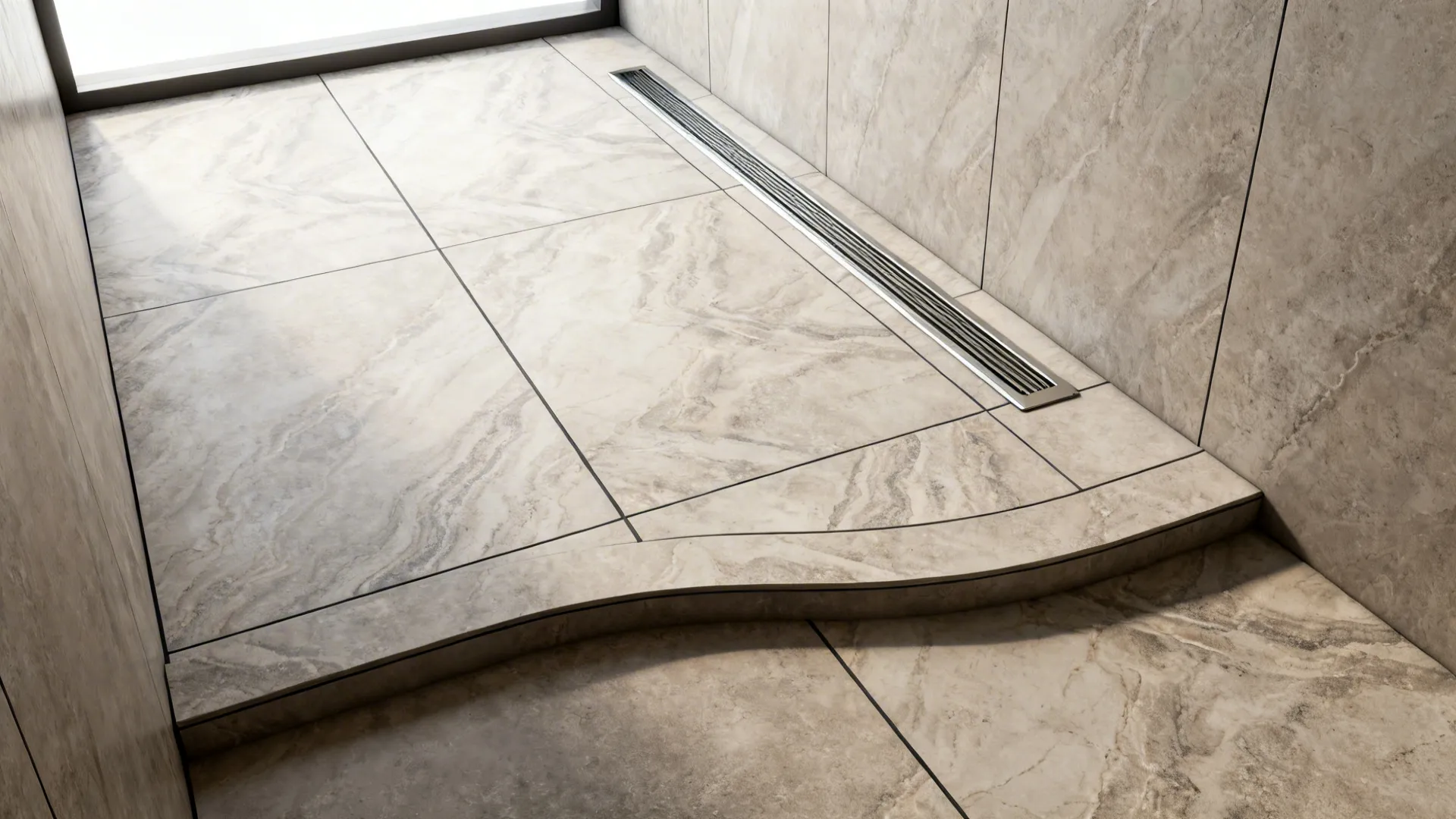 Large-format floor tiles sloped to a linear drain for visual continuity.