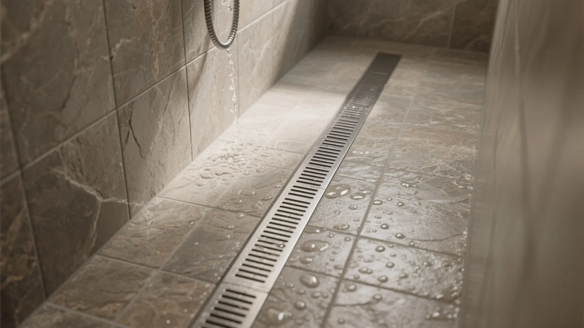 Close up of a shower floor with brown stone tiles and a long metal floor drain