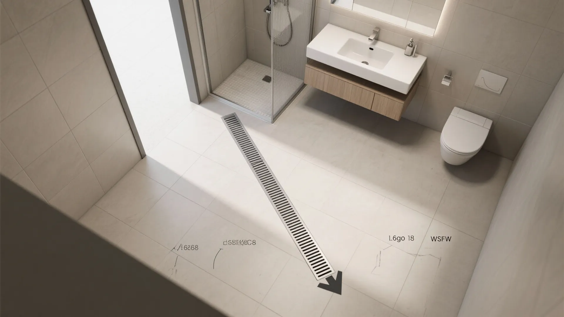 Interior design drawing showing long floor drain in bathroom with sink toilet and shower area