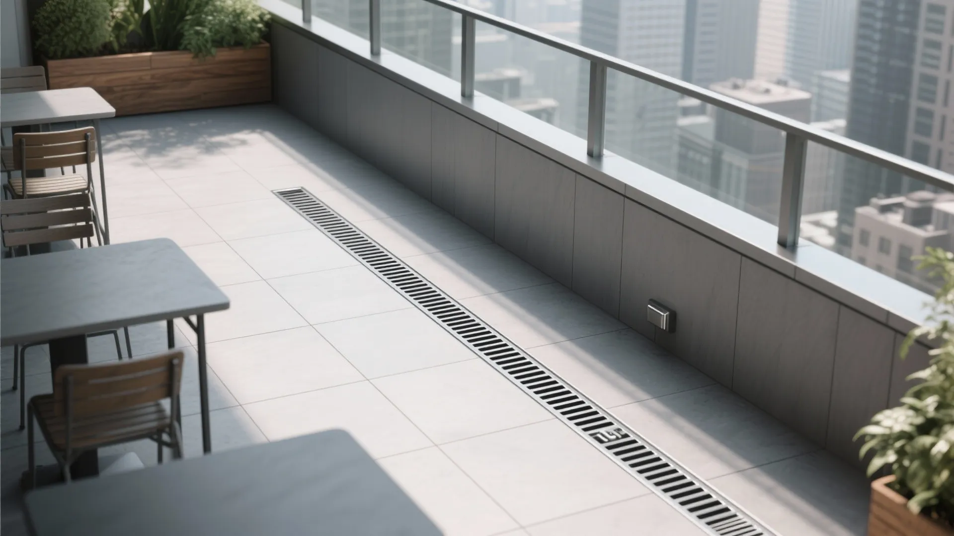 Modern balcony with white floor tiles long metal drain glass railing and distant city buildings