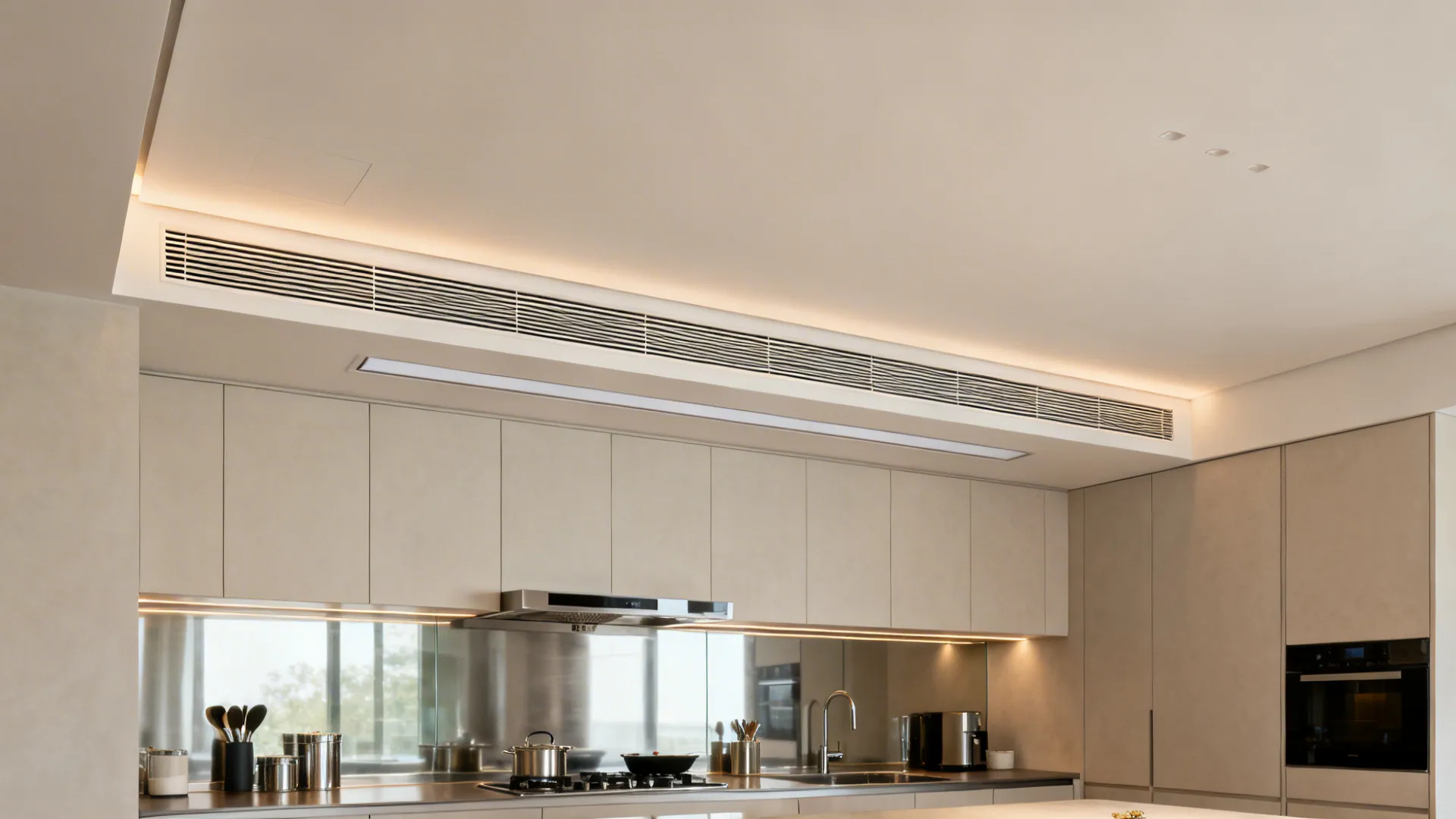 Minimalist kitchen ceiling in MR plasterboard with a flush linear extract above the cookline.