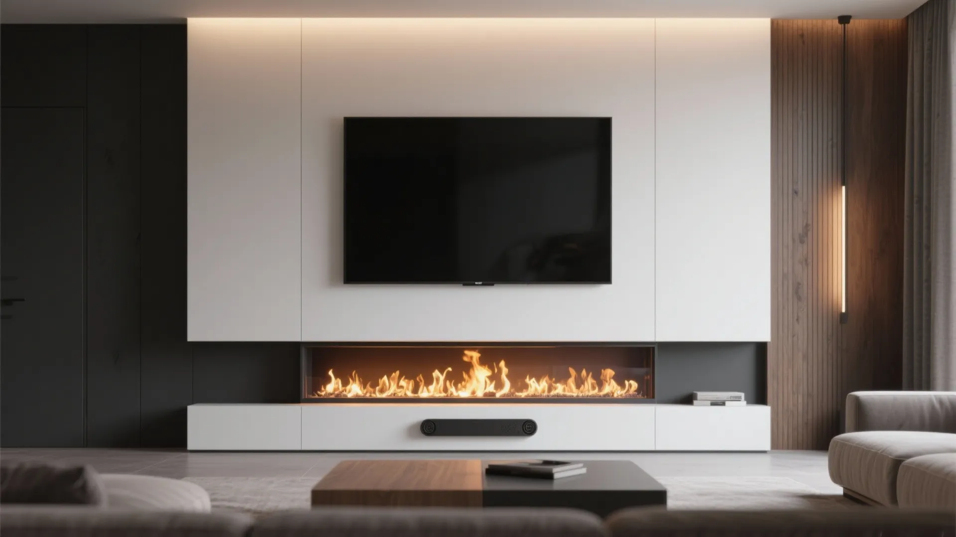 3. Minimalist linear fireplace beneath a wall-mounted TV