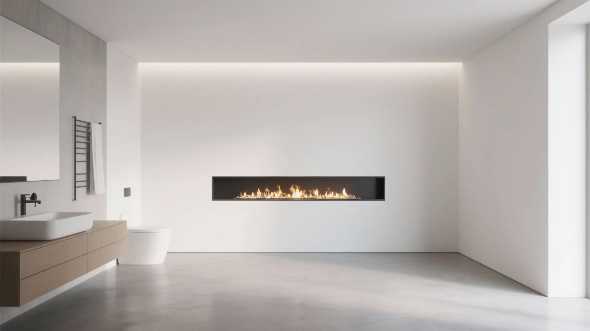 Minimalist white bathroom design featuring long linear wall fireplace wooden cabinet sink and white toilet seat