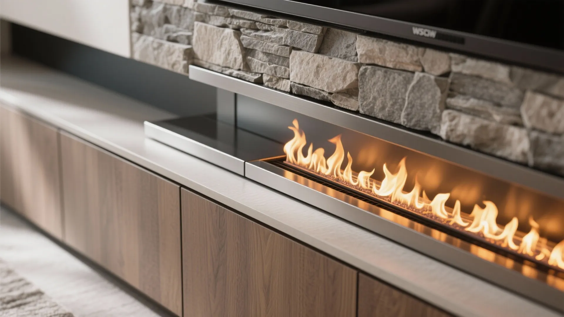 Macro view of a linear fireplace with refined trim and stone-look surround.