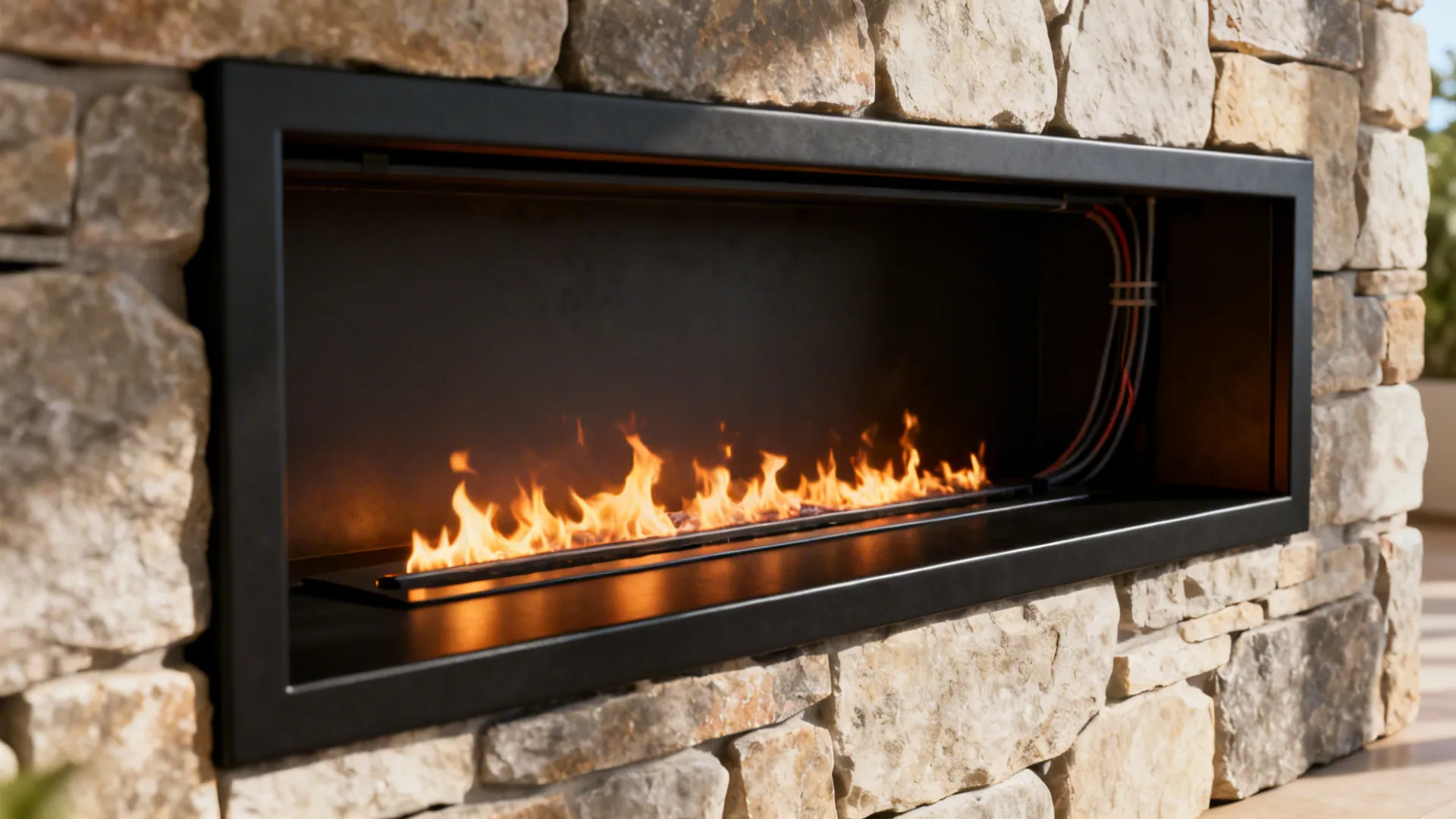 1. Built-in Linear Fireplace Below a Floating TV