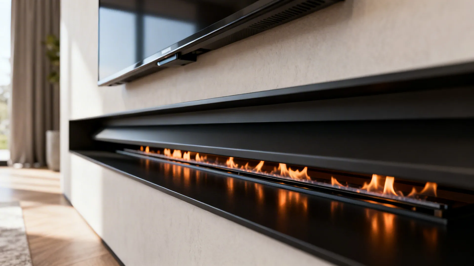 Close up of long black fireplace with orange flames under a wall mounted flat television
