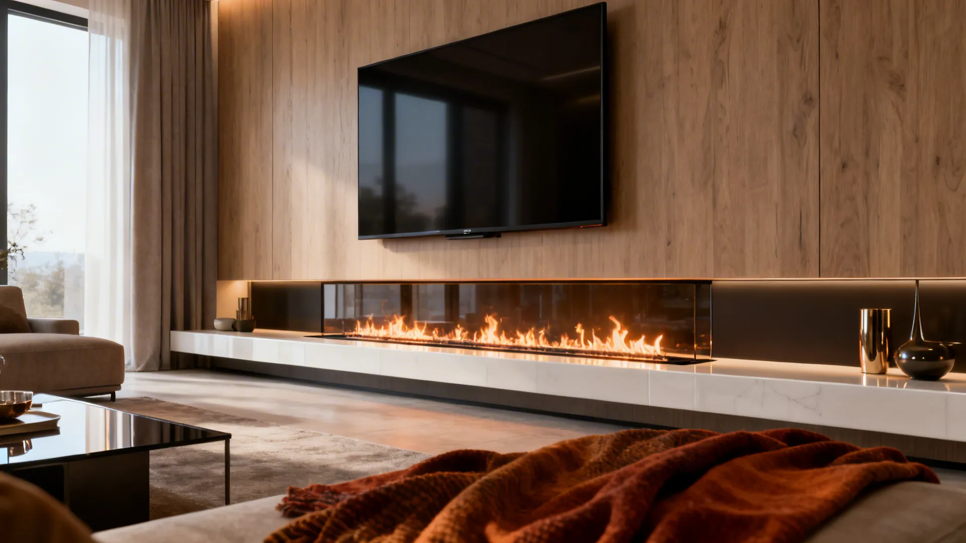 Modern living room with wood wall panel long linear fireplace large wall mounted television screen