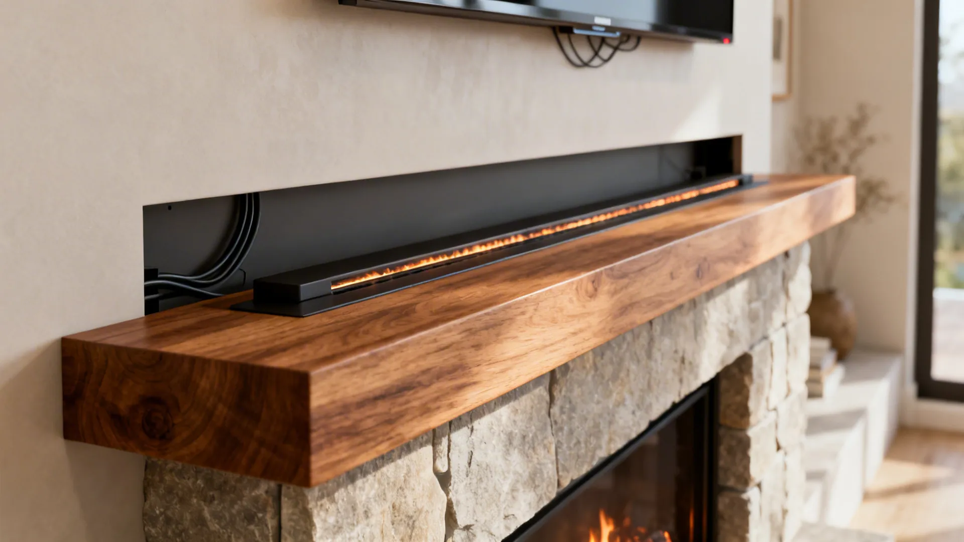 Close-up of a slim linear fireplace with a floating wooden mantel and stone surround