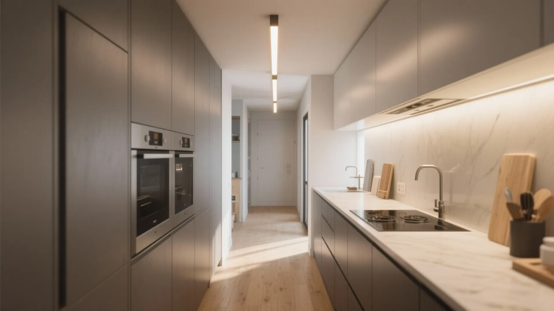 2. Linear fixtures to elongate the room