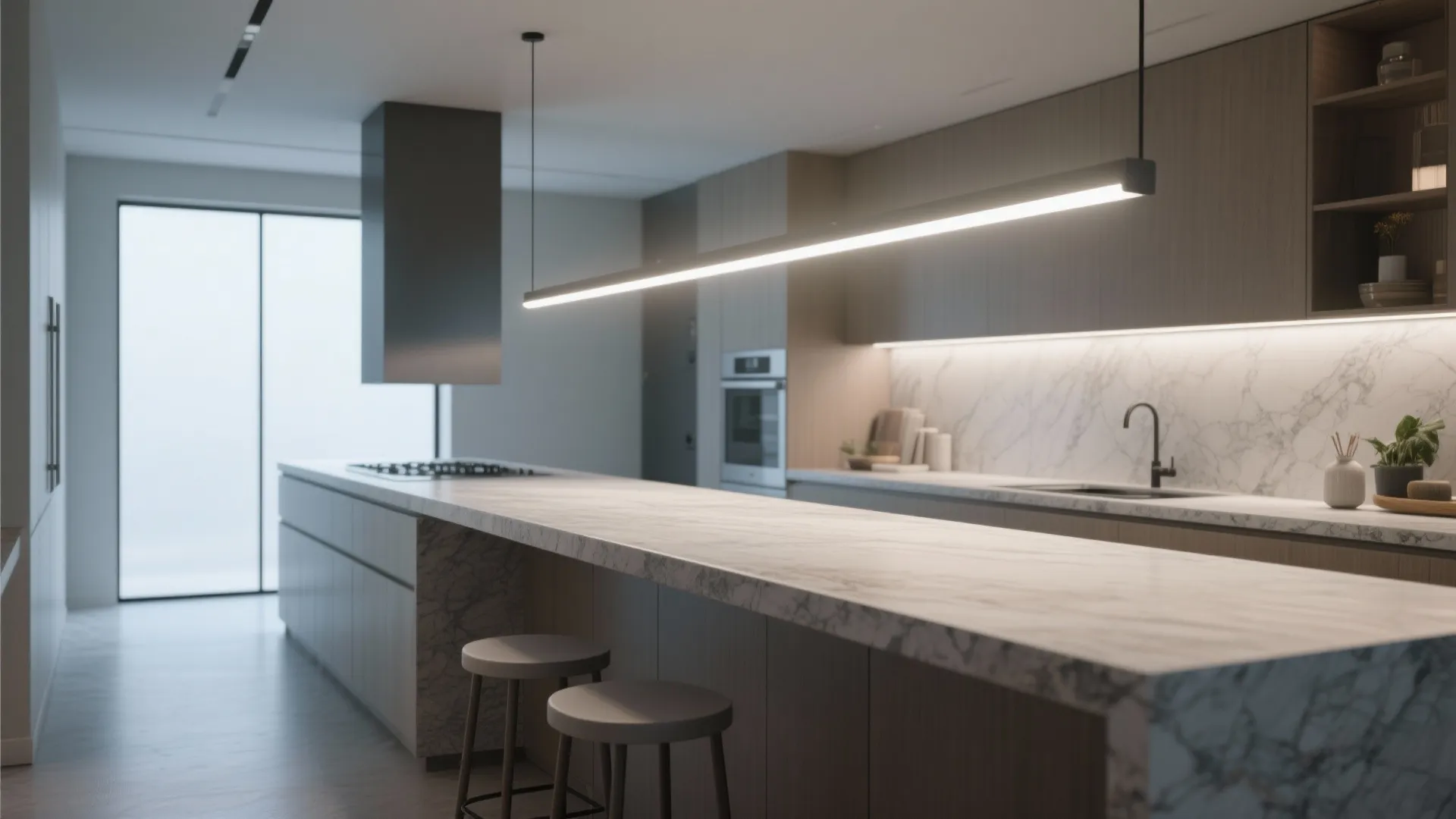 3. Slim linear fixtures above islands and counters