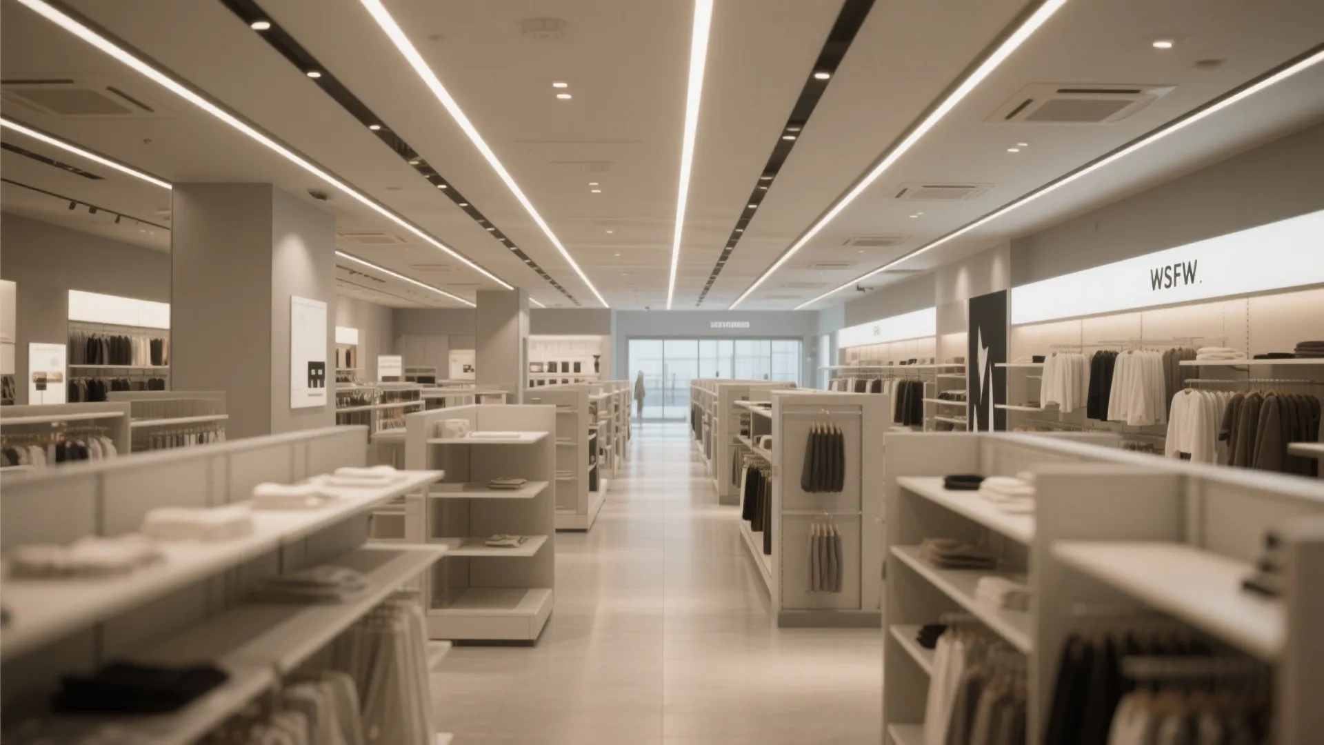 Modern retail store interior with long ceiling lights and rows of white shelves displaying clothing