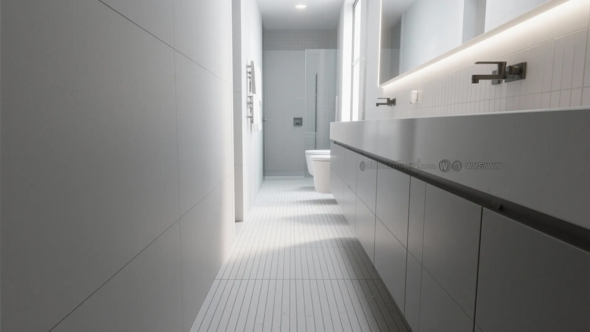 Narrow bathroom with linear-textured floor tiles laid lengthwise to elongate the room.
