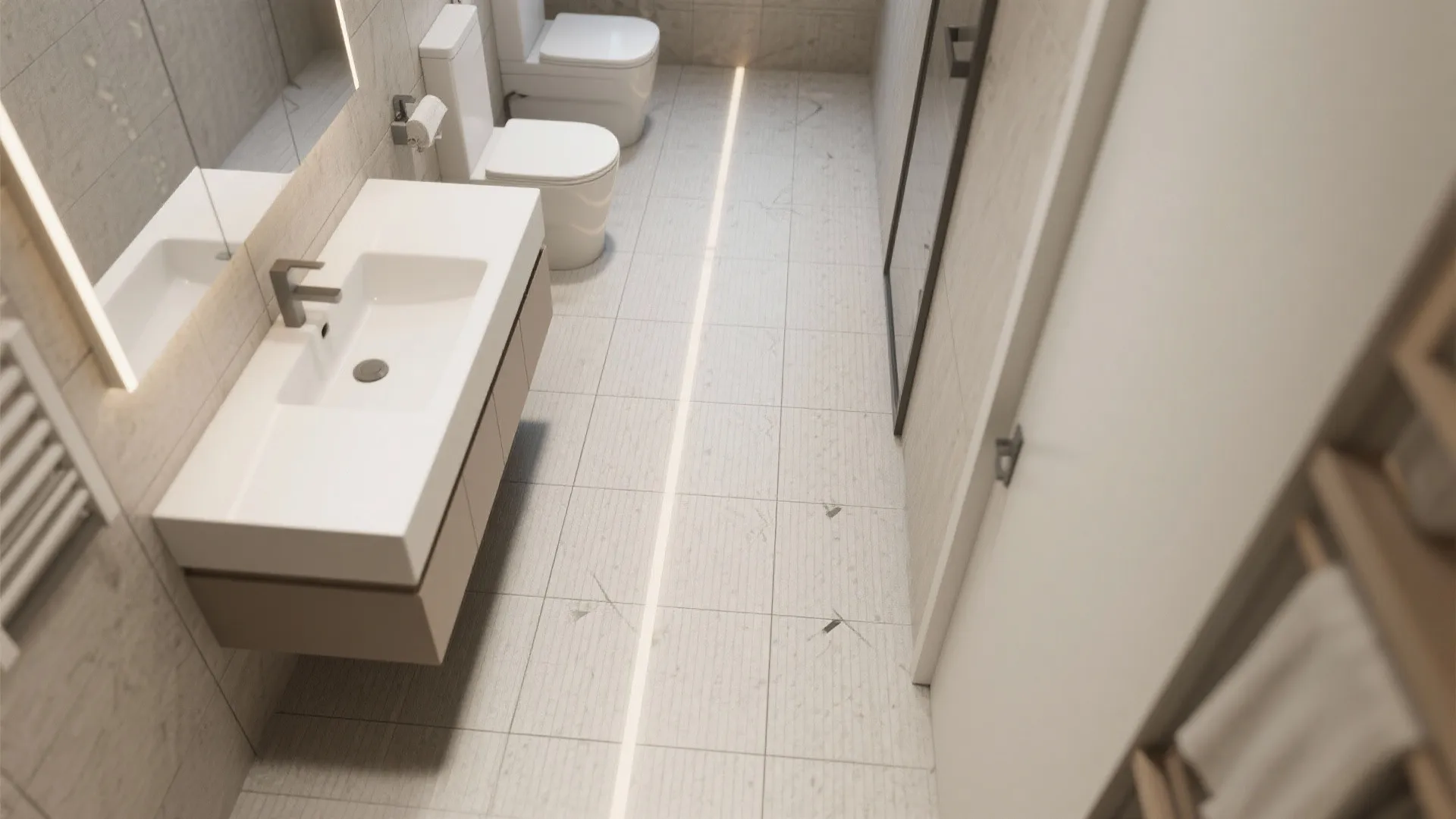 Top-down concept showing lengthwise linear-textured tiles in a narrow bathroom layout.