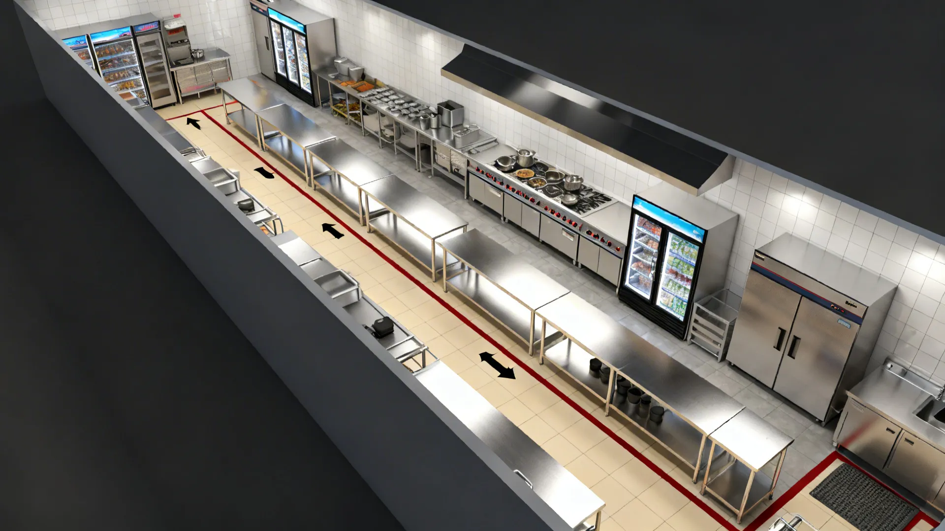 Top-down linear kitchen plan from receiving to pass with clear HACCP-friendly zoning and aisle widths.
