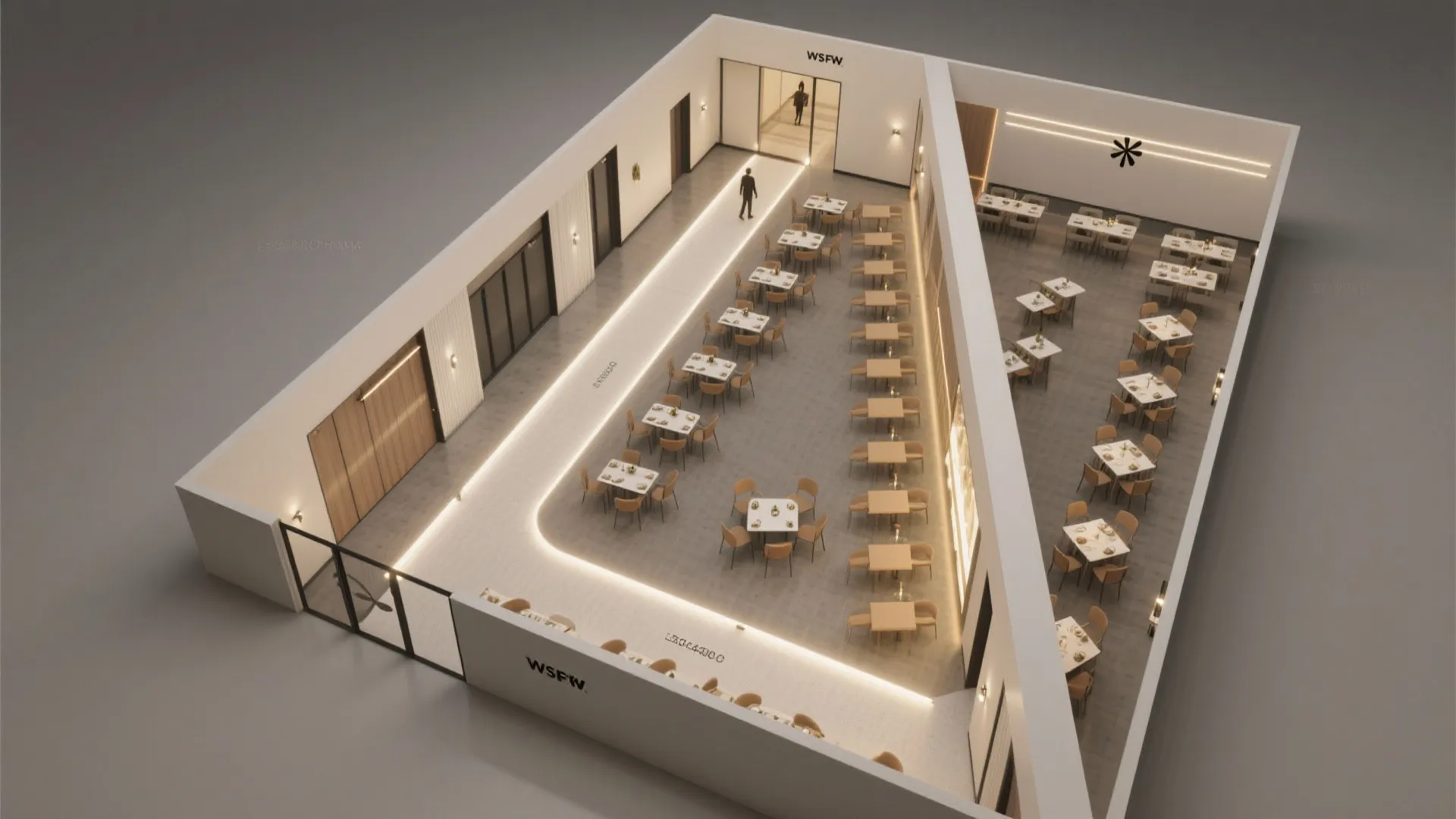 Interior design drawing of a restaurant floor plan showing table rows and wood panel walls