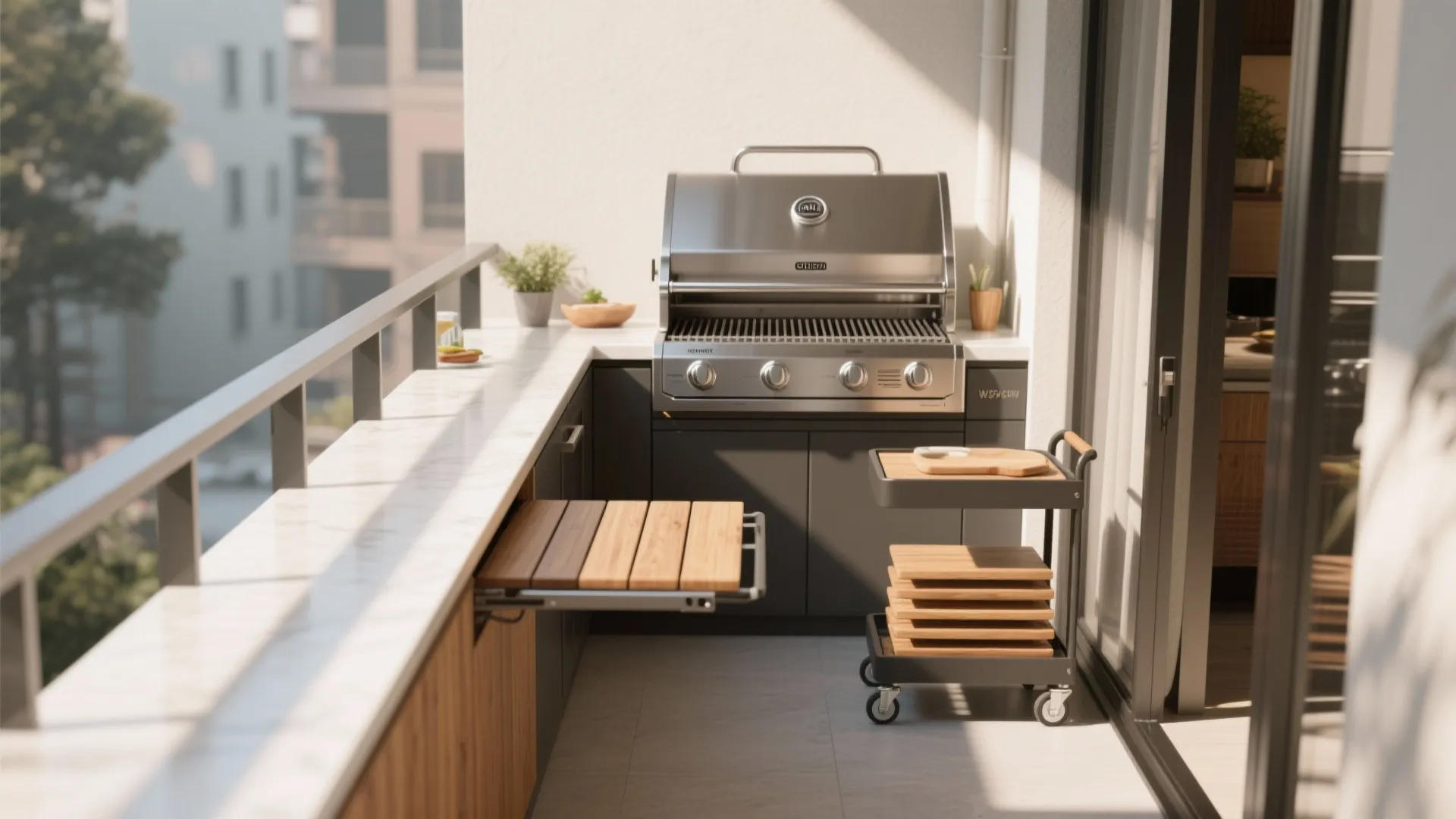 1. Linear foldaway counter with a compact grill