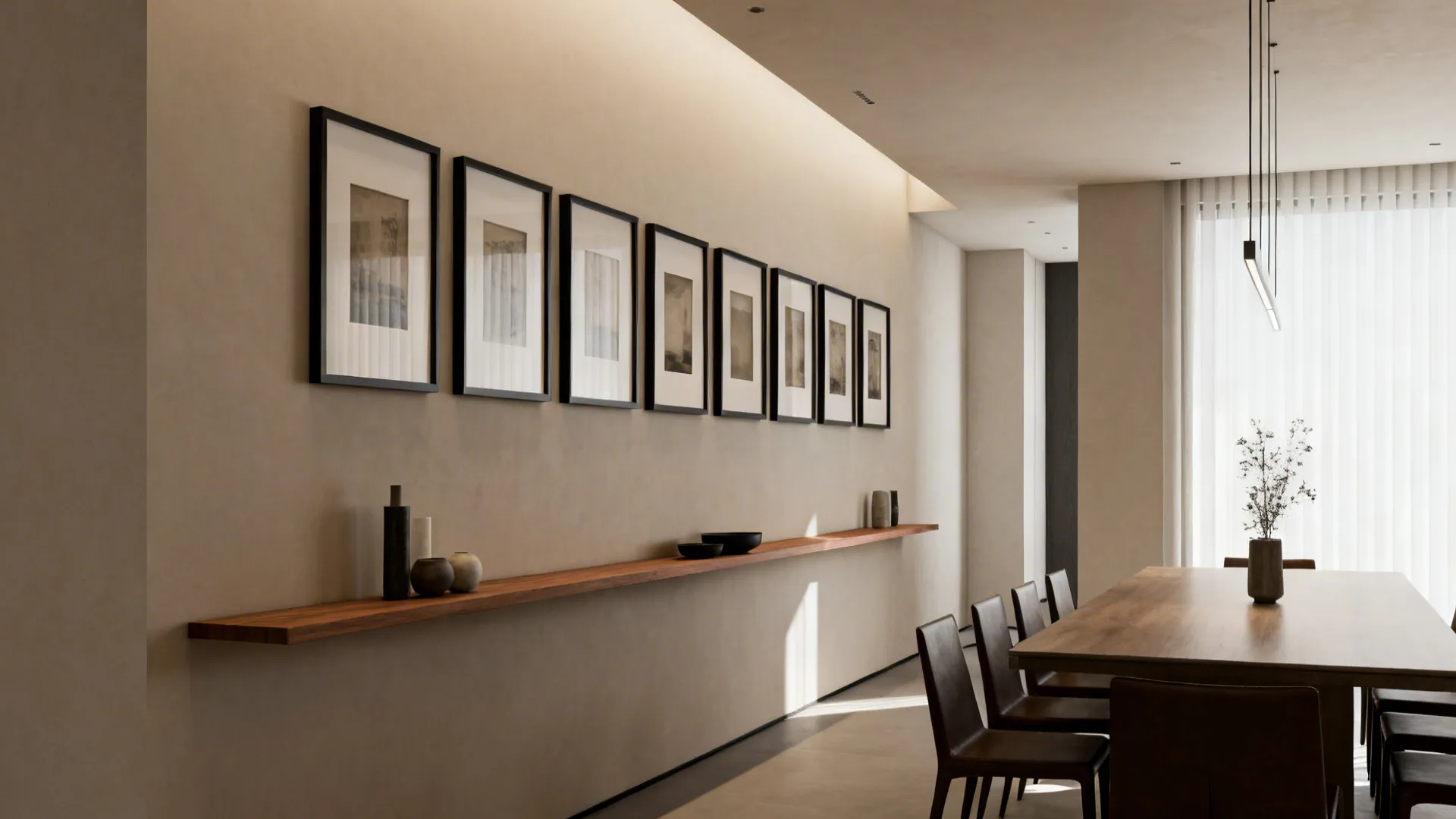 Narrow dining area with a horizontal row of identical frames above a console.