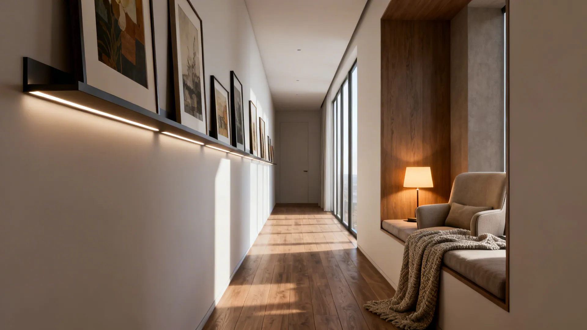 Gallery wall with narrow shelving opposite a cozy seating nook and reading lamp in a long narrow room