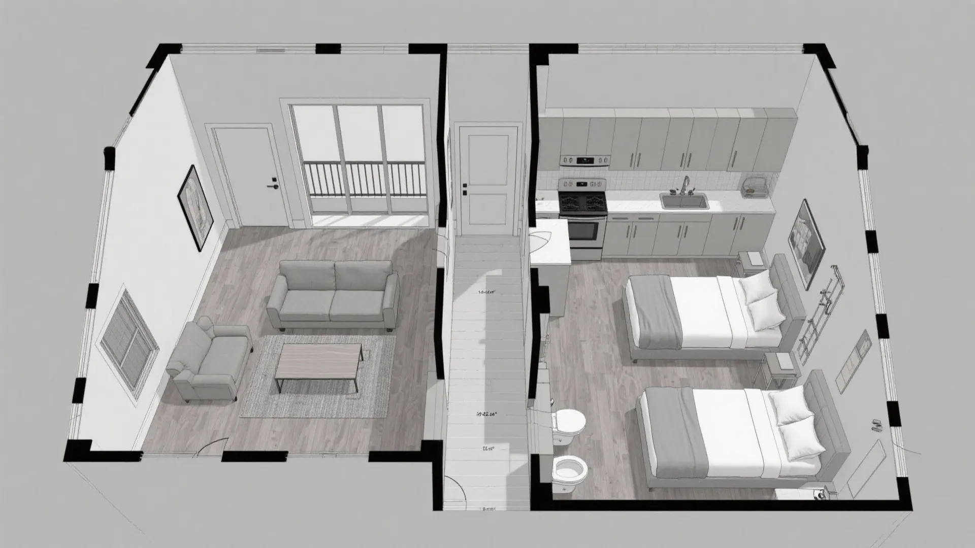 Top-down CAD plan with a central corridor spine and three bedrooms