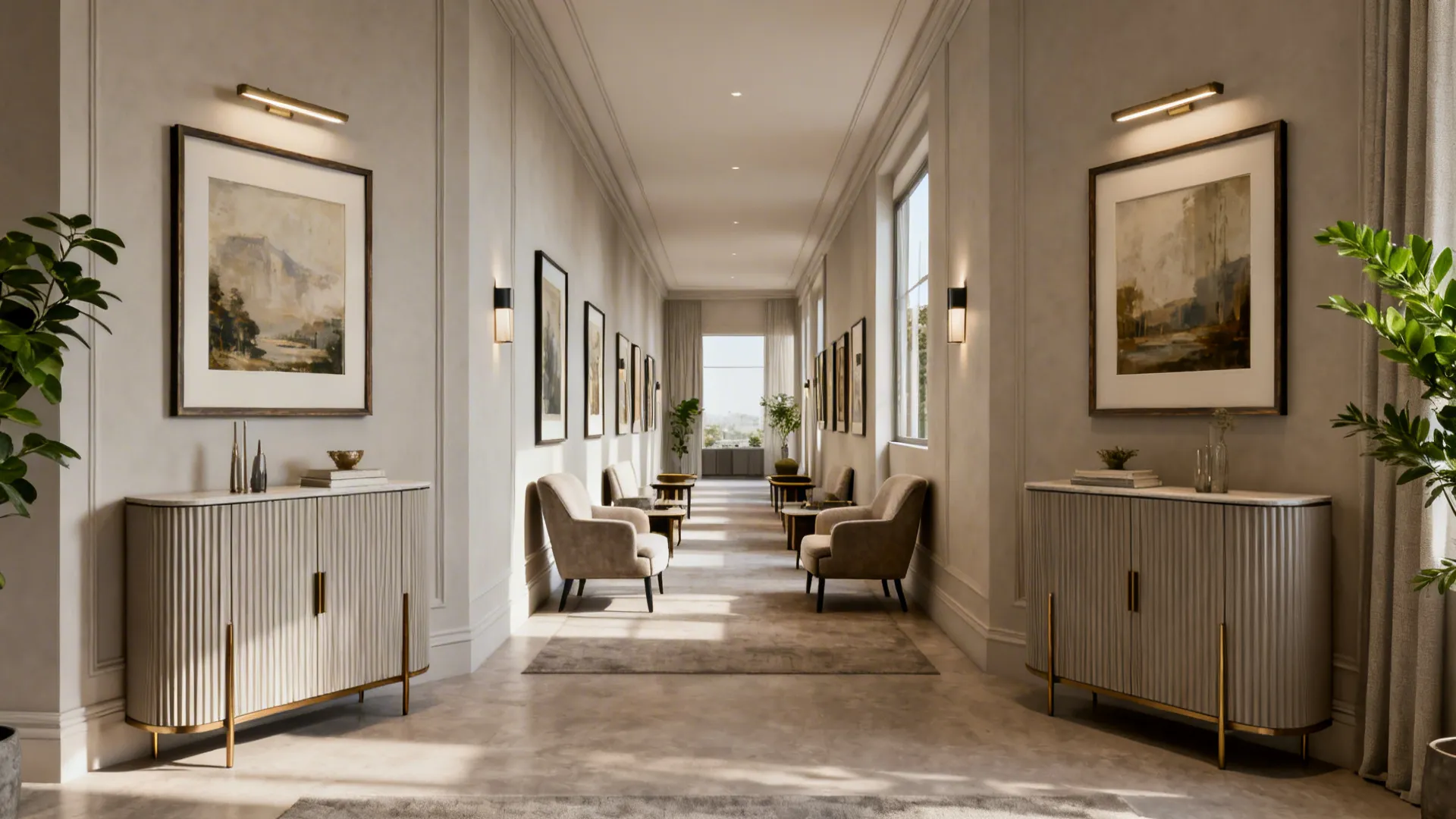 Long living room with gallery wall and symmetric anchors like twin cabinets and armchairs to create rhythm and balance.