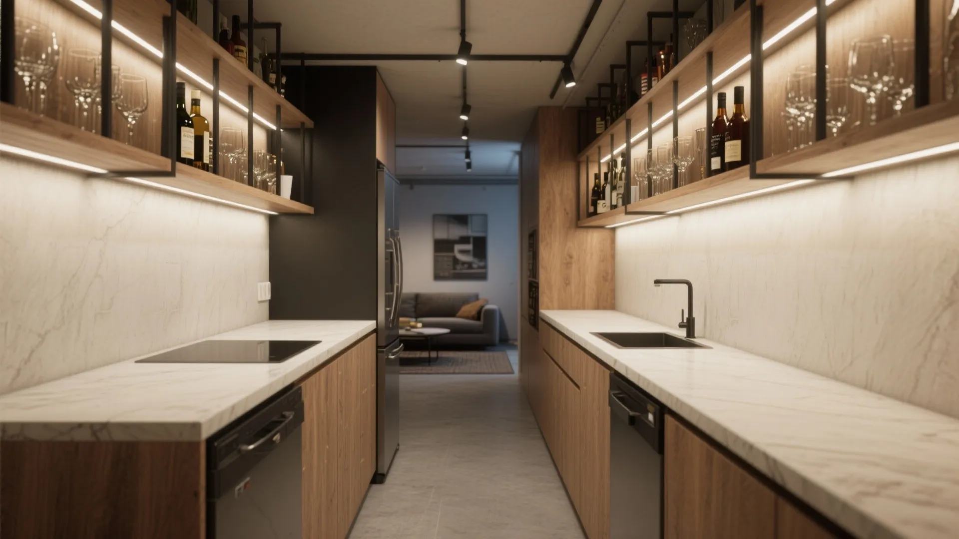 Narrow linear galley bar with open shelving, under-counter fridge, and slim counter maximizing length.