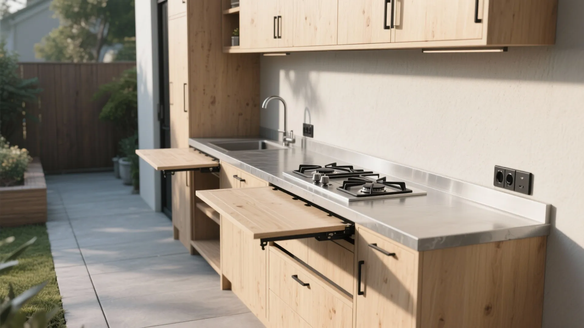 Outdoor wooden kitchen with metal countertop gas stove sink and two fold down wooden prep tables