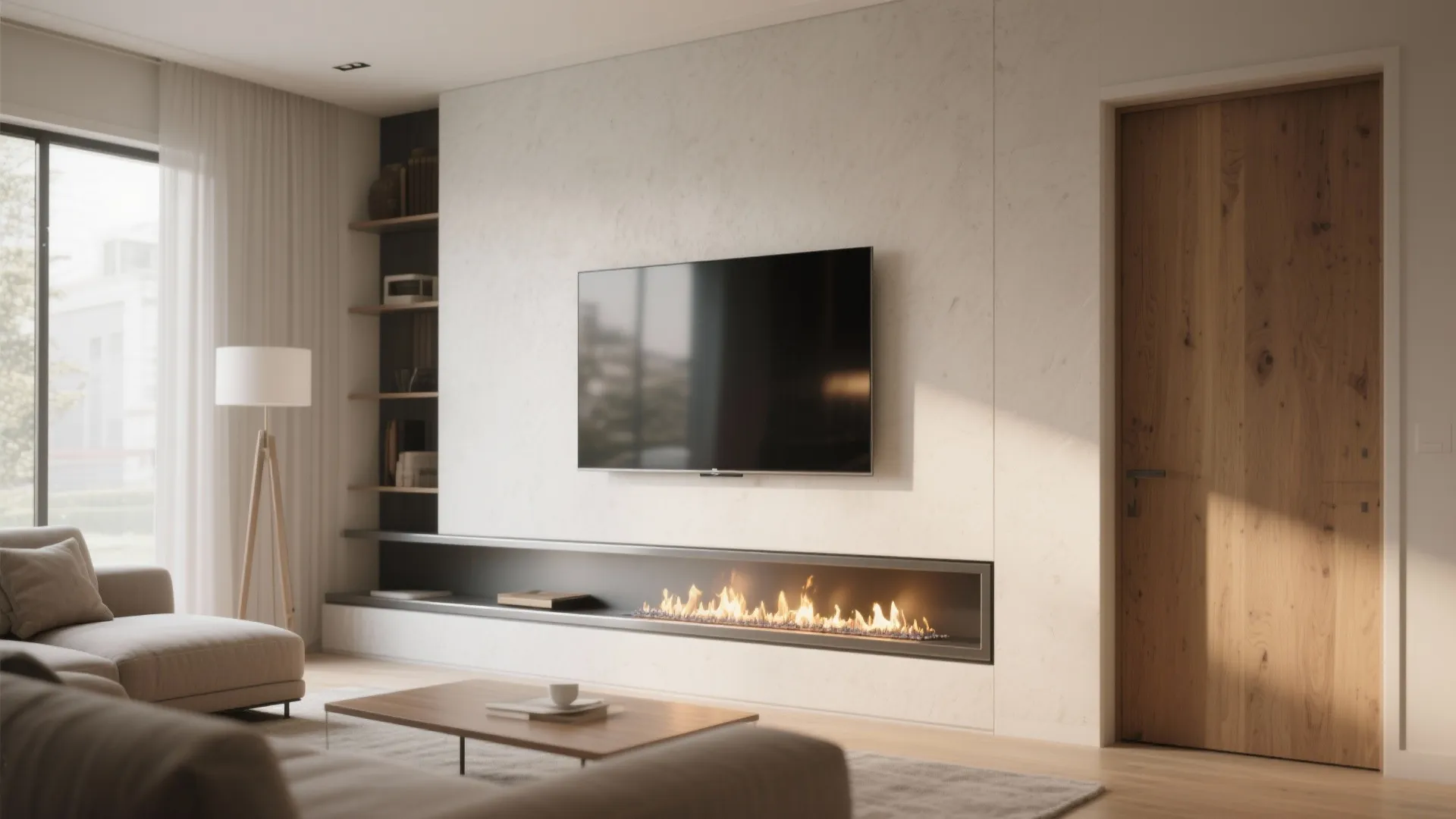Minimalist living room with television over a long fireplace next to a natural wooden door