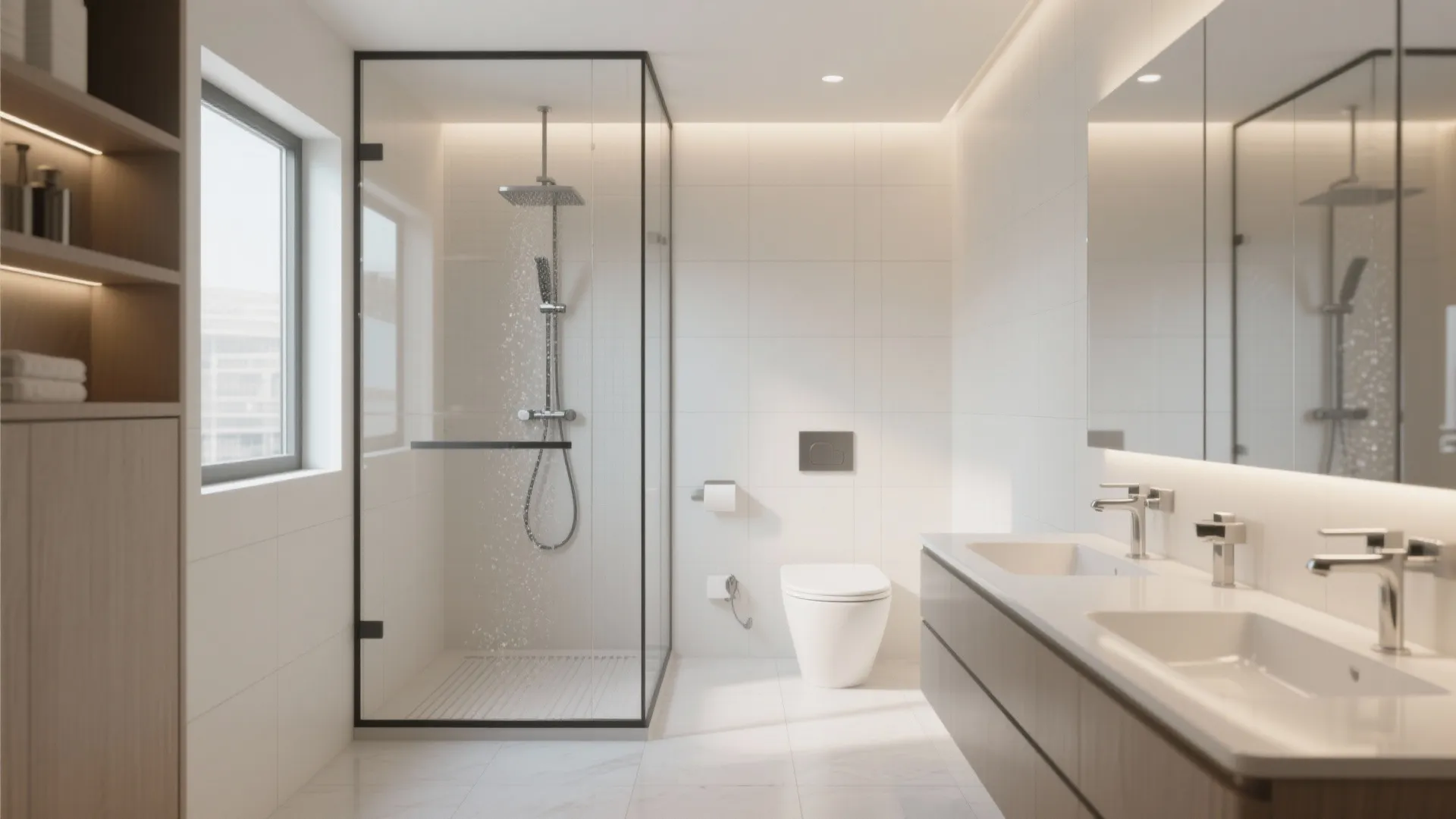 Bright white bathroom with glass shower stall double sink cabinet large wall mirror and natural window