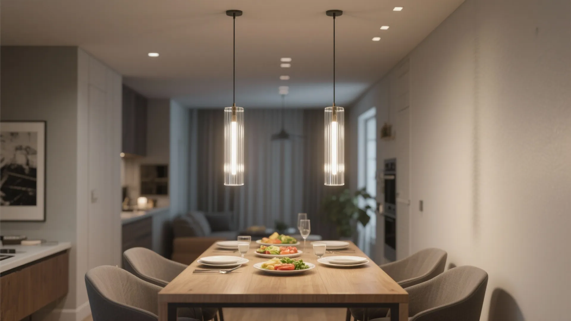 2) Linear glass pendants for narrow tables