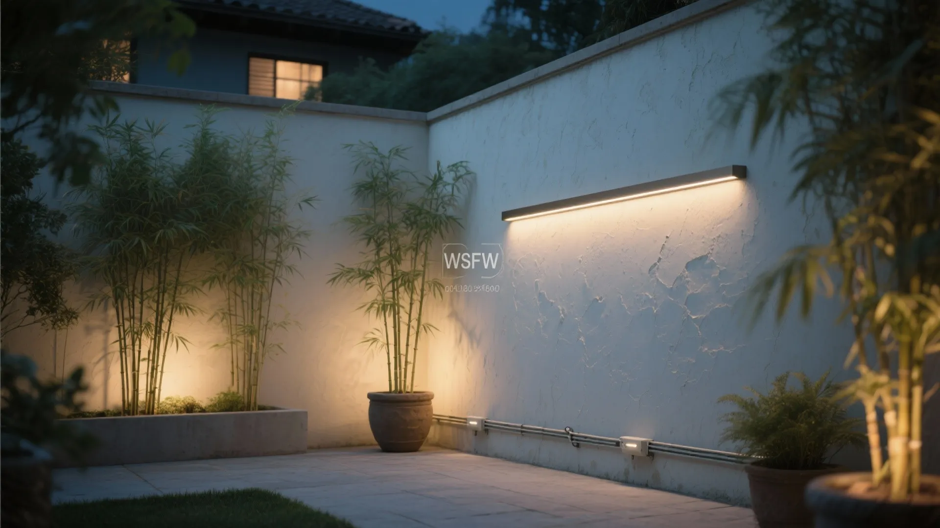 Courtyard wall grazed by a linear fixture revealing limewash texture and framing potted bamboo with warm light.