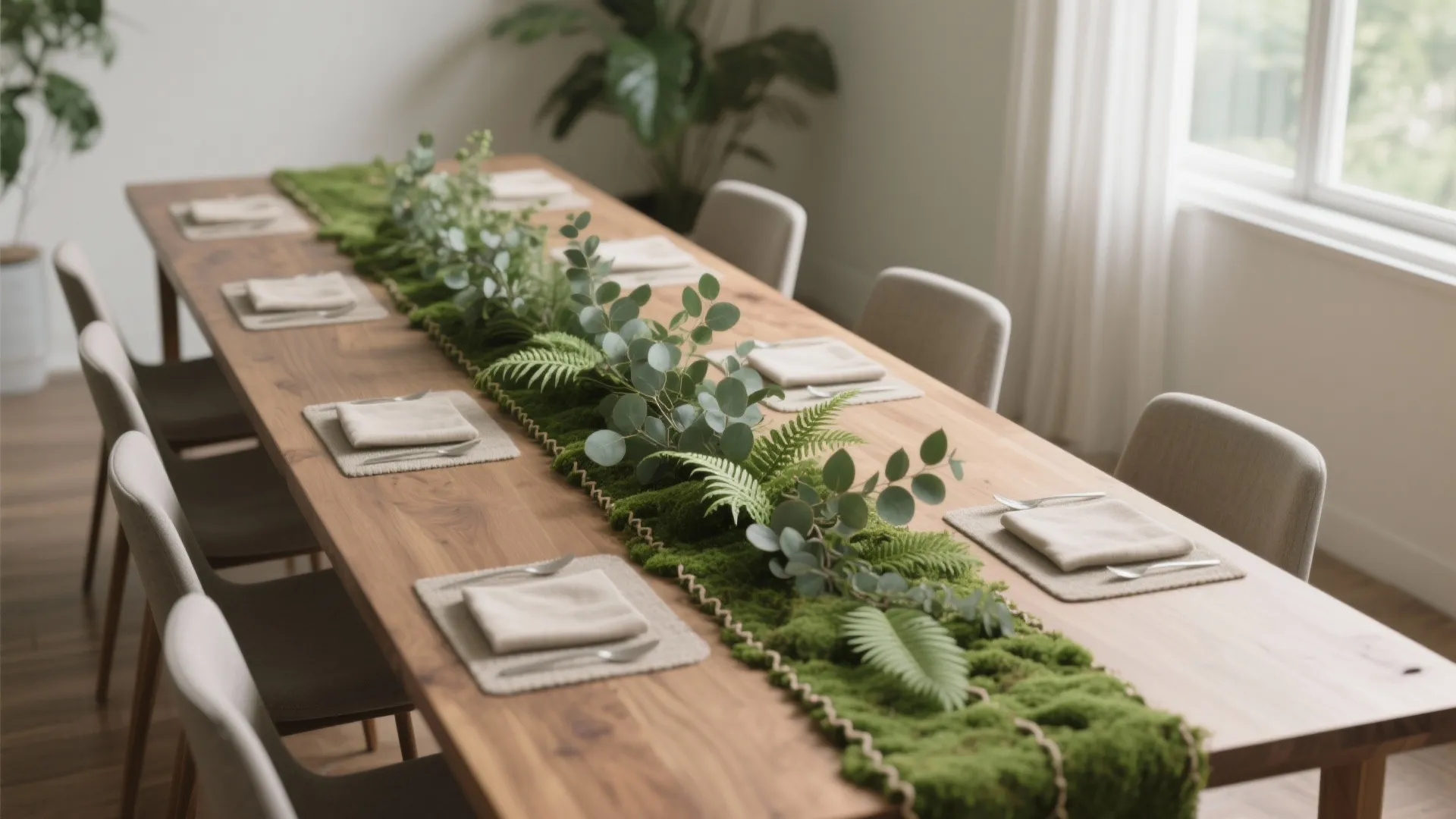 Long rectangular table with a linear greenery runner of eucalyptus and ferns, neat modern setting and open sightlines.