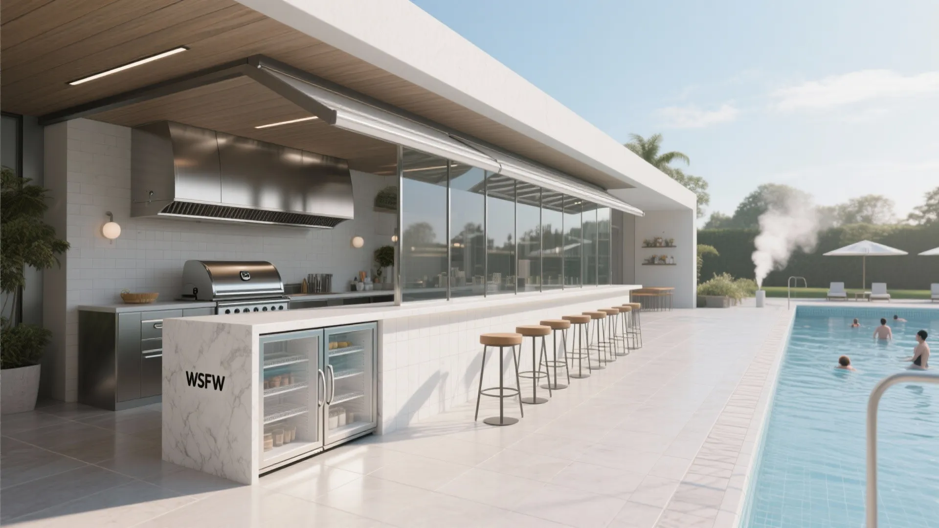 1. Linear Poolside Grill Wall with Bar Seating