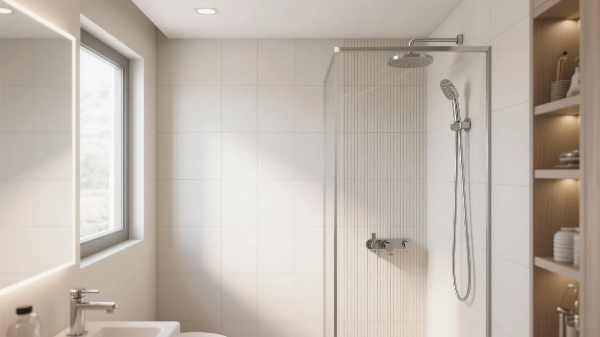 Clean white bathroom showing shower head glass door sink mirror window and wooden storage shelf