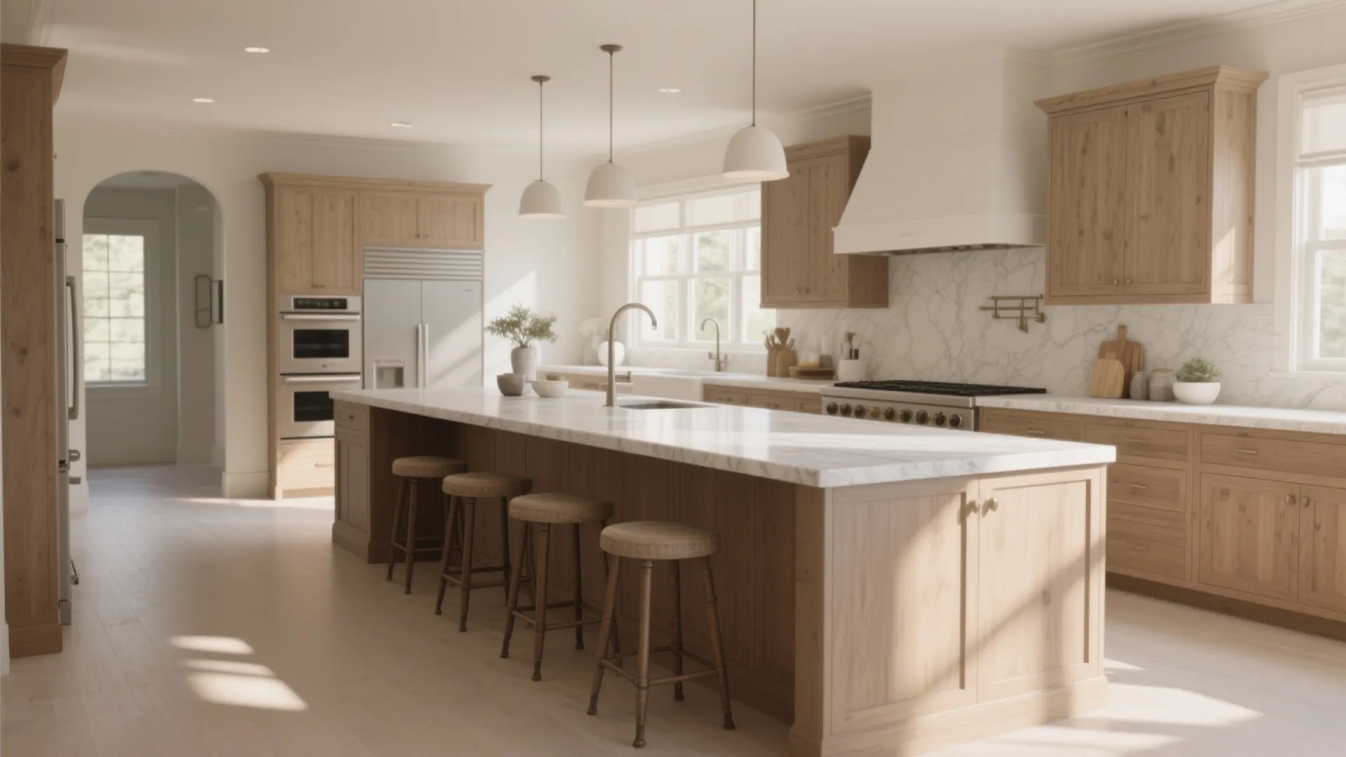Modern kitchen with wooden cabinets, marble island with four stools, and three white ceiling lights