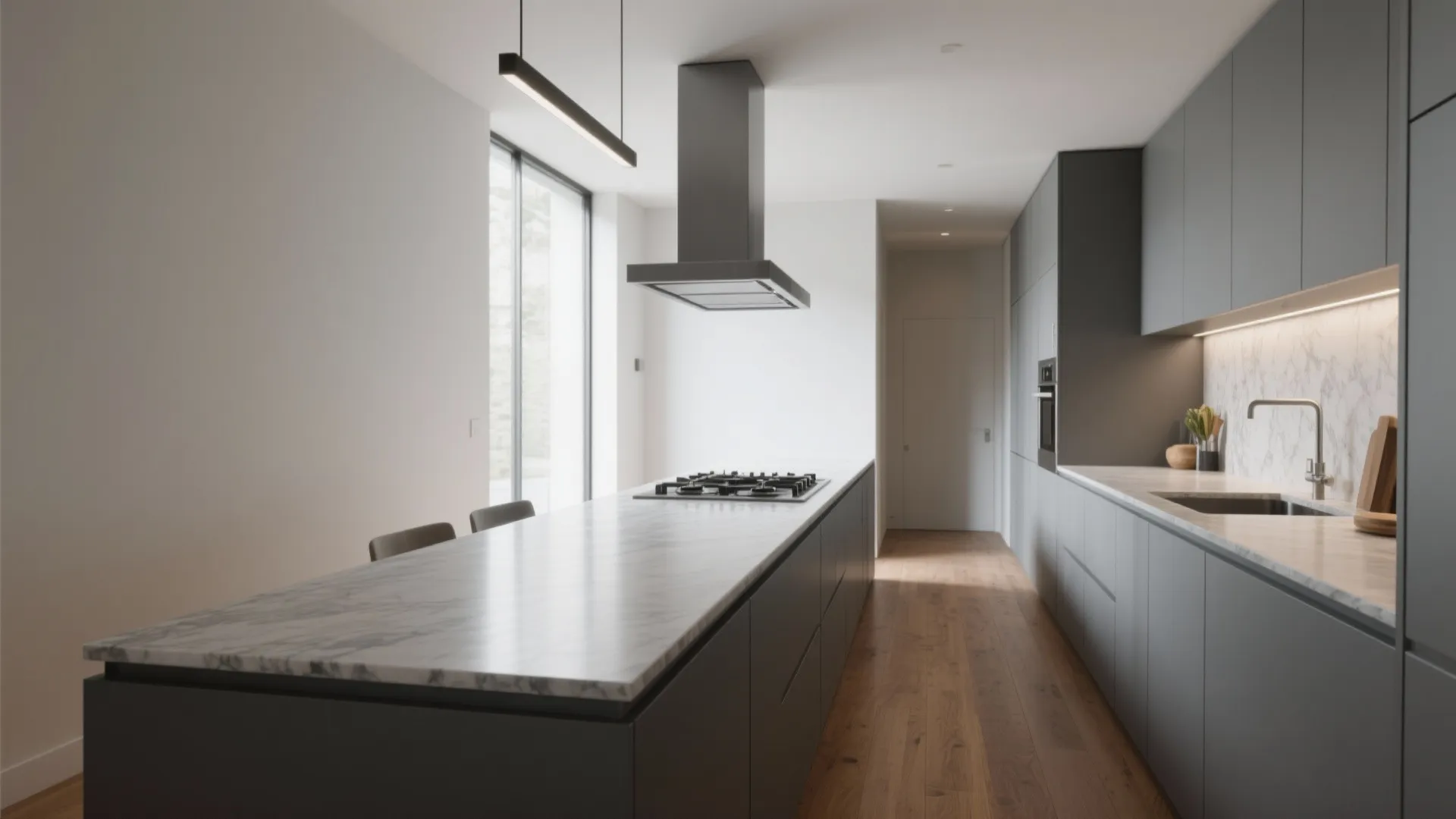 Modern kitchen with grey cabinets marble island long black ceiling light and a large window