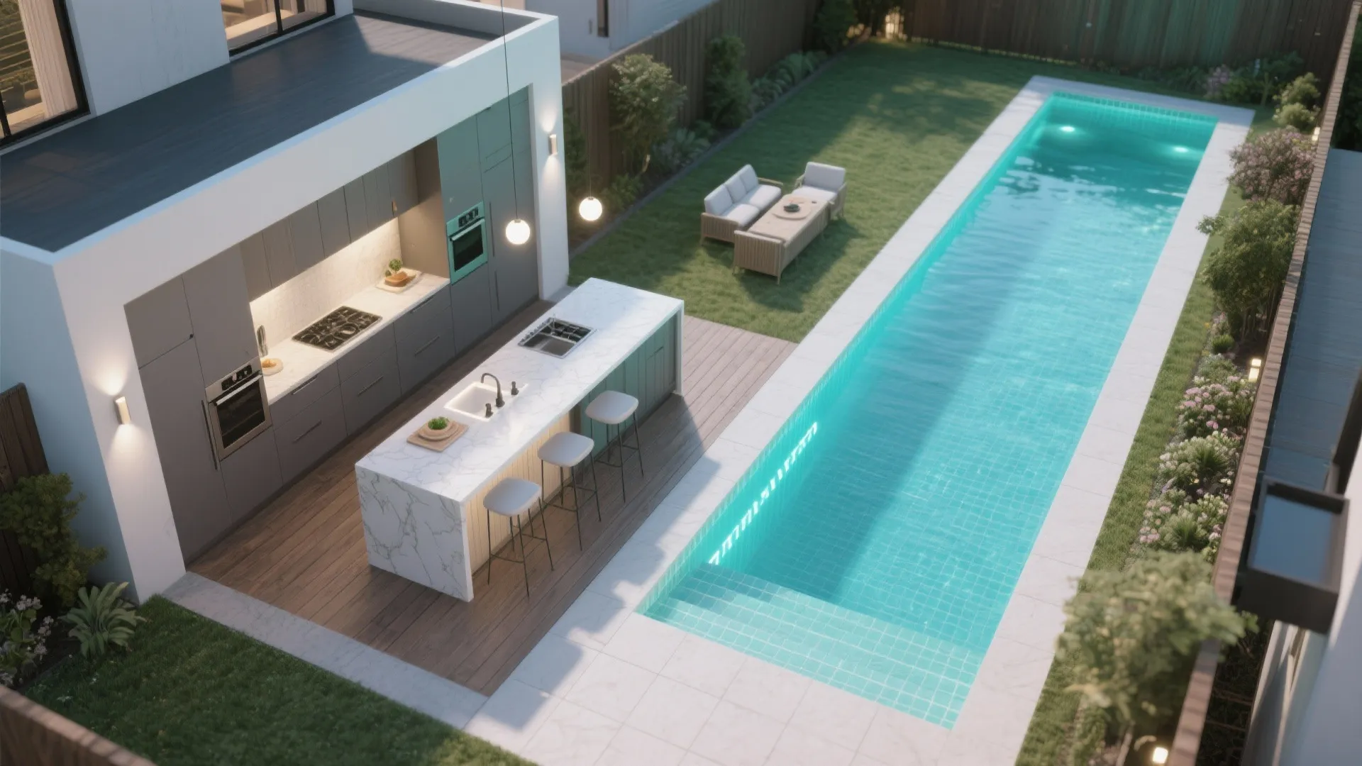 2. Linear layout with island kitchen and lap pool