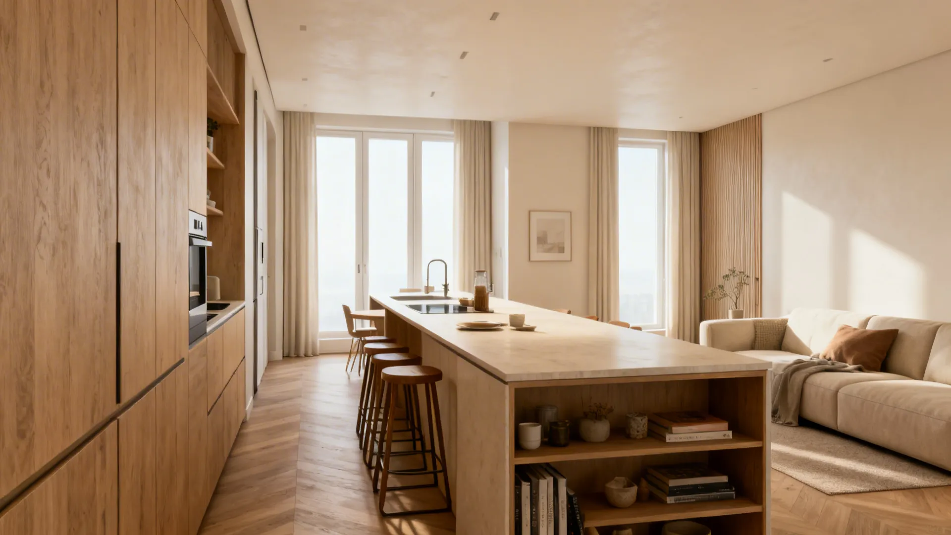 Narrow open-plan apartment with a linear island parallel to a slim sofa and open shelving beneath