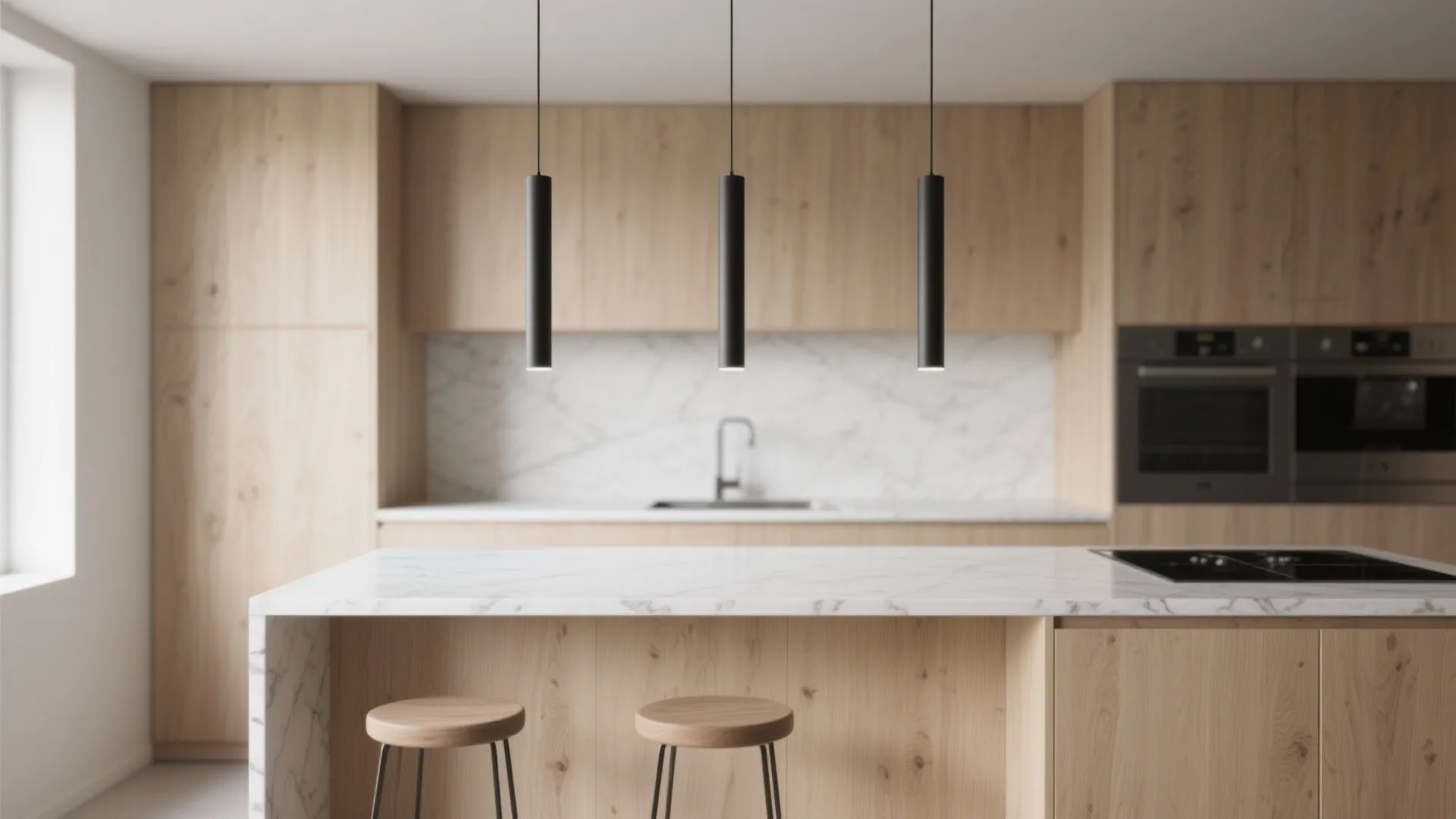 Narrow kitchen island under a linear trio of slim matte-black pendant lights, Scandinavian style.
