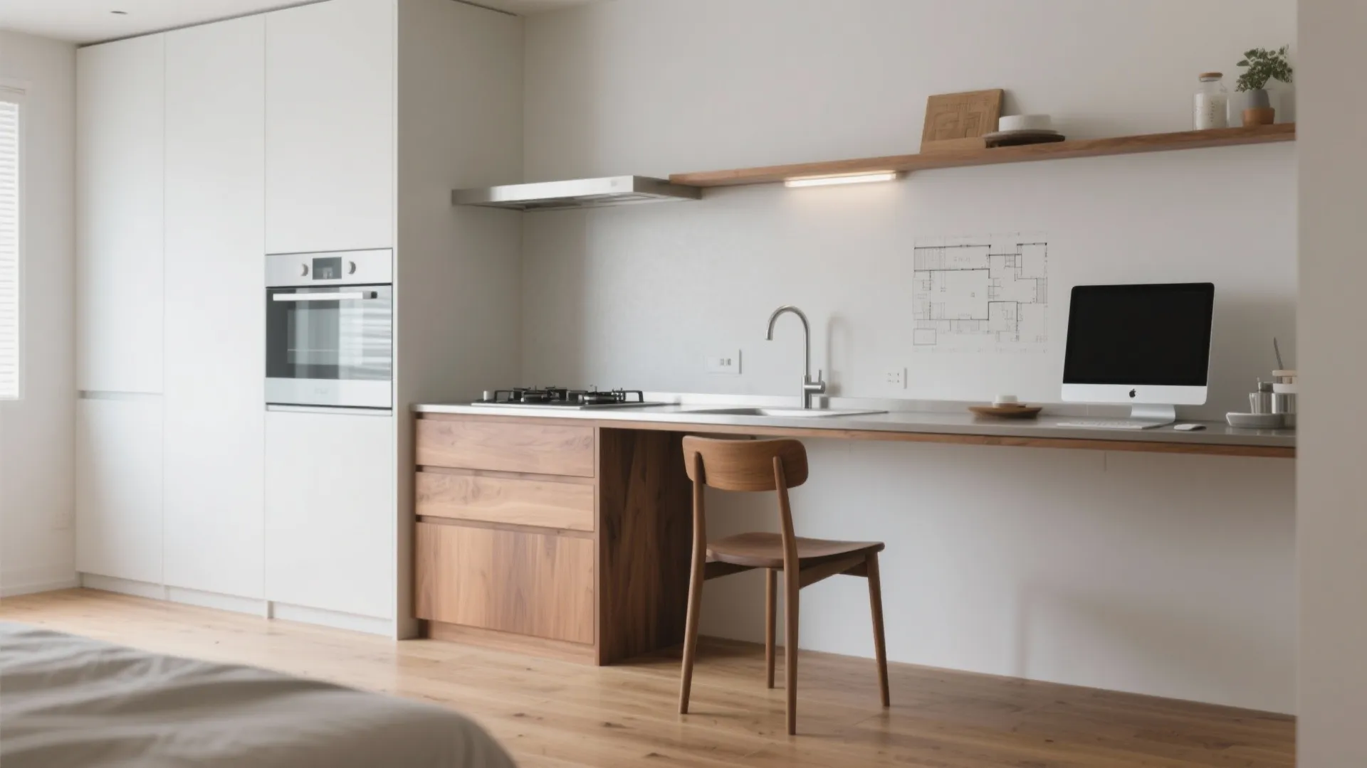 Tips 4: キッチンとデスクを“直線合体”して作業導線を短縮（动线规划）