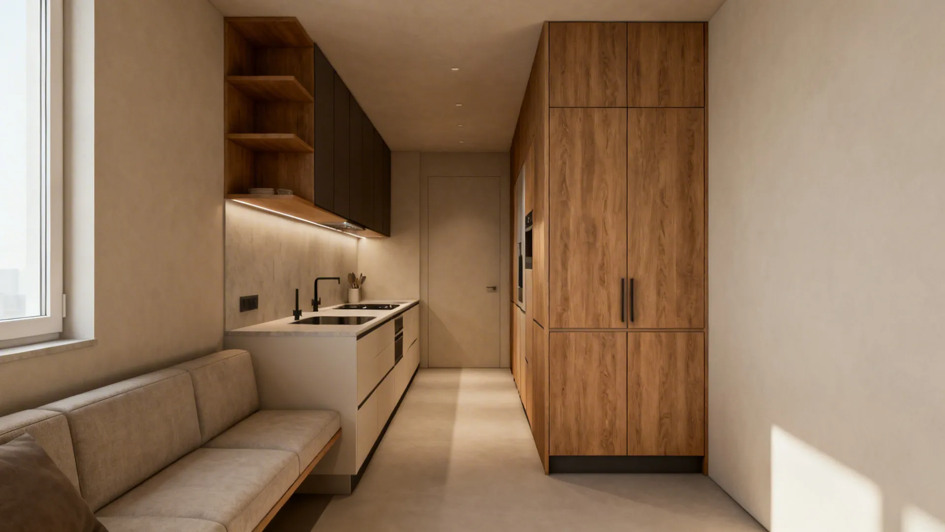 Linear kitchen with tall pantry and a low floating sofa creating visual depth in a small open-plan apartment.