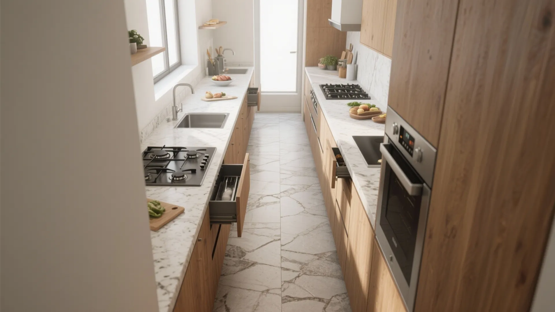 Top-down render of a narrow linear kitchen showing a single path with cook, prep and clean stations and pull-out storage.