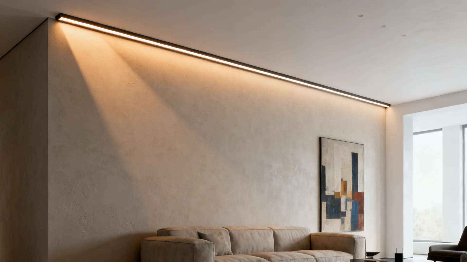 Linear knife-edge ceiling slot casting a clean wall-wash above the sofa.